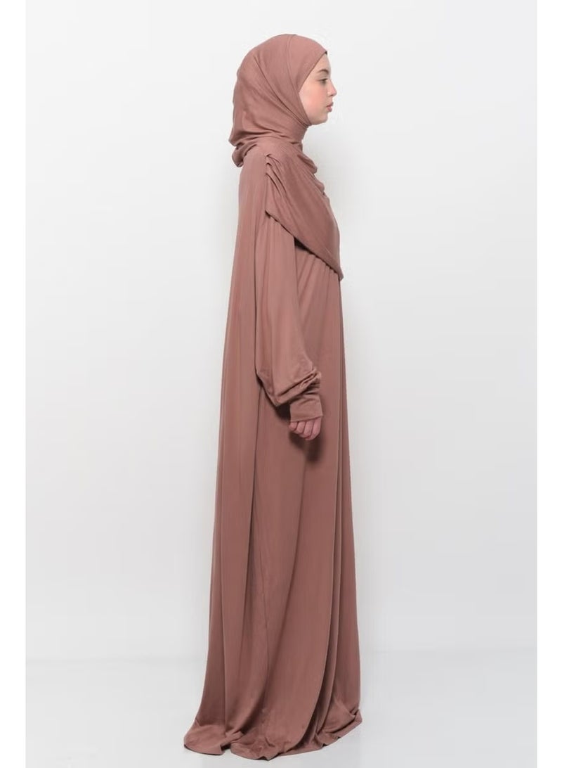 Altobeh Practical One Piece Cotton Bat Sleeves Removable Organic Hijab Prayer Dress with Headscarf - Earthenware - Image 3